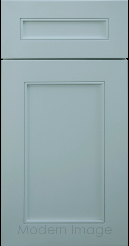 Highland Niebla Azul painted Shaker kitchen cabinet door with wide rails and a flat center panel.